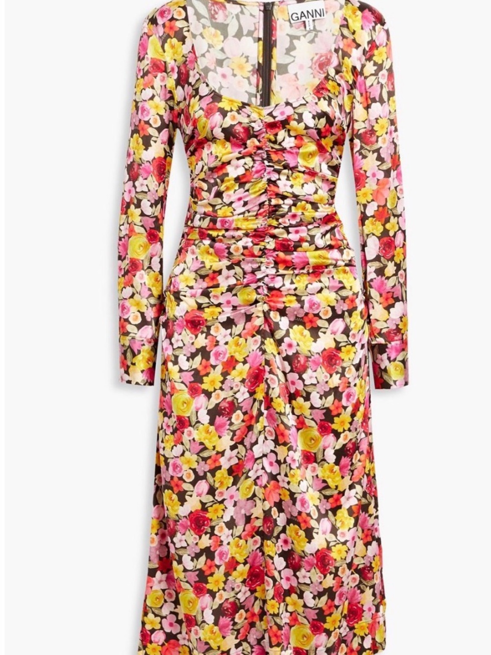 NWT GANNI
Ruched floral-print silk-blend satin midi dress SIZE 20